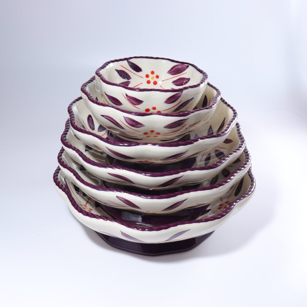 Temptations by Tara Old World Nesting Pedestal Bowls Purple Eggplant Scallop Rim